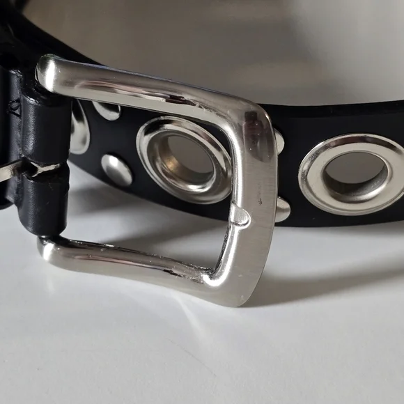 Black Faux Leather and Silver Studded Grommet Belt - Picture 2 of 4